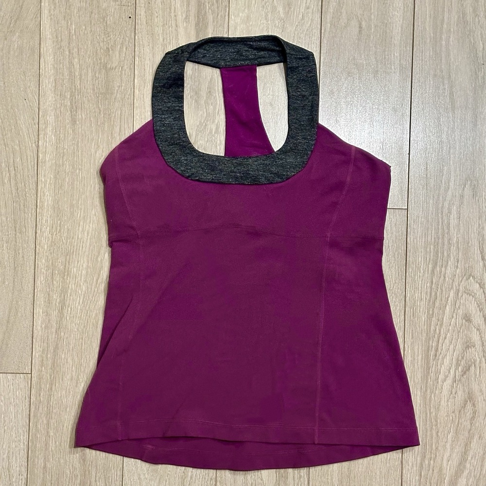Lululemon Scoop Neck Tank Top Size 12 Racerback Built-In Shelf Bra Burgundy Gray